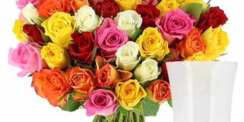 Roses multicolores + vase offert - 30 roses