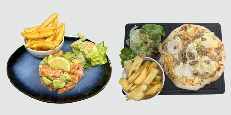 Poissons : Fish and chips, Dos de cabillaud, Pavé de saumon grillé