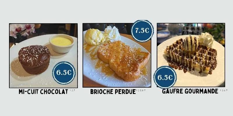 Desserts et pâtisseries : Assortiment de fromages, fromage blanc, Cheese cake, Mousse au chocolat, Crème brûlée
