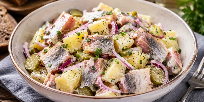 Salade de pommes de terre au hareng fumé, un grand classique frais et savoureux de la cuisine traditionnelle