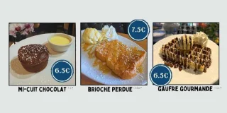 Desserts et pâtisseries : Assortiment de fromages, fromage blanc, Cheese cake, Mousse au chocolat, Crème brûlée